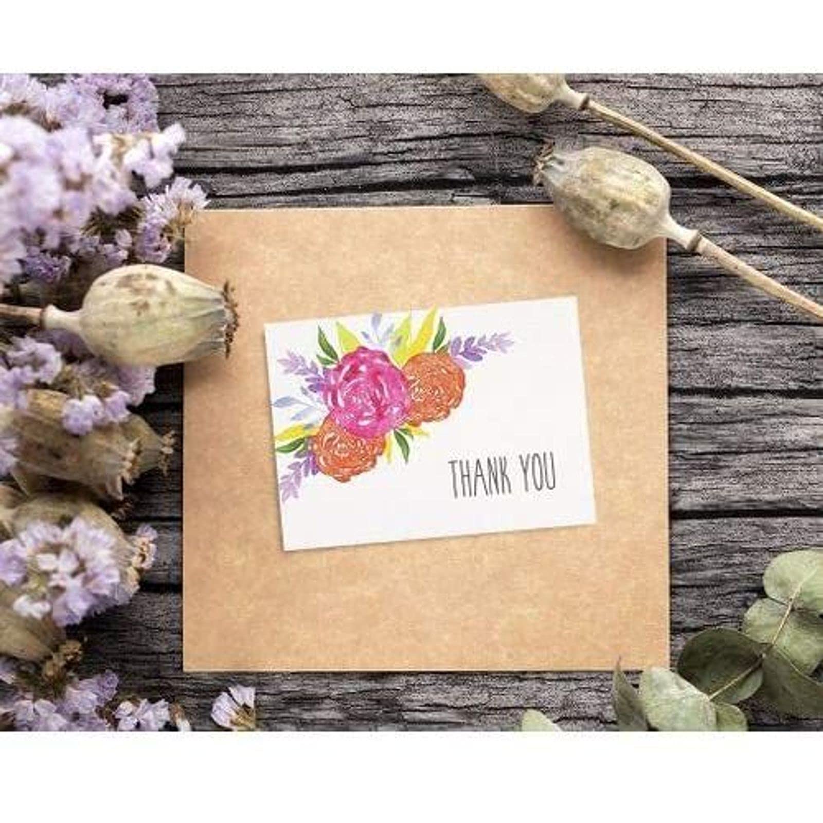 Sustainable Greetings Thank You Greeting Cards (120-Pack) - Note Cards with Colorful Watercolor Floral Design, Envelopes Included - 10.2 x 15.2 cm