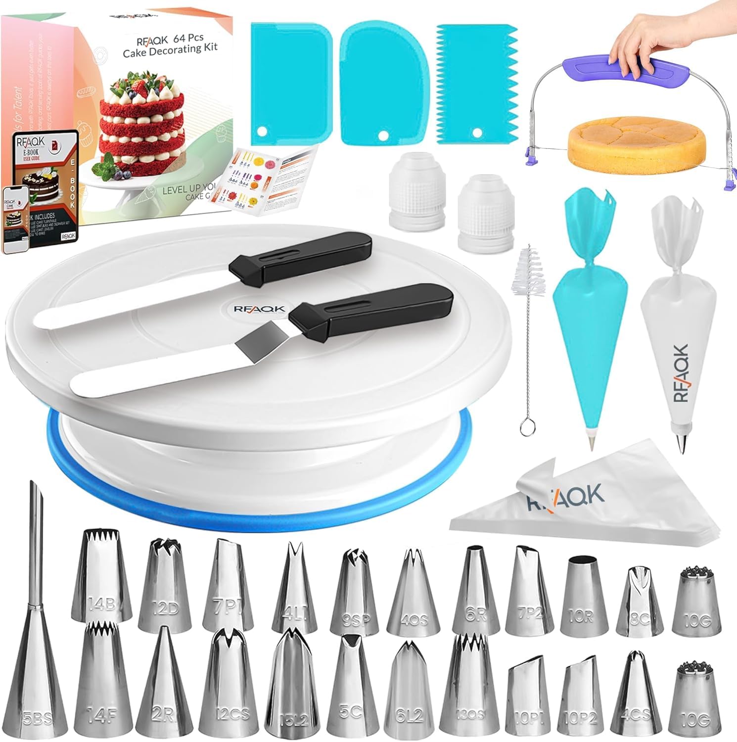 RFAQK 65 PCs Cake Decorating Kit with Cake Turntable-Cake leveler-24 Numbered Piping Tips with Pattern Chart & E Book- Straight & Offset Spatula-30 Icings Bags- 3 Icing Smoother Scraper Set