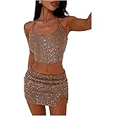 MakeMeChic Women's 2 Piece Summer Outfits Glitter Sequin Tie Open Back Halter Crop Top and Mini Skirts Party Set