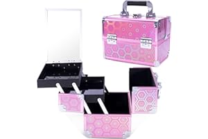 Buanson Lightweight Cosmetic Box Makeup Train Case Lockable Makeup Case Organizer 2 Trays Makeup Storage with Mirror Locking for Portable Makeup Storage Box-(Rose)