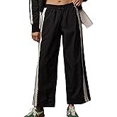 Women Side Stripe Pants Y2k Elastic Waist Wide Leg Baggy Track Pant Lace Trim Parachute Pants with Pockets