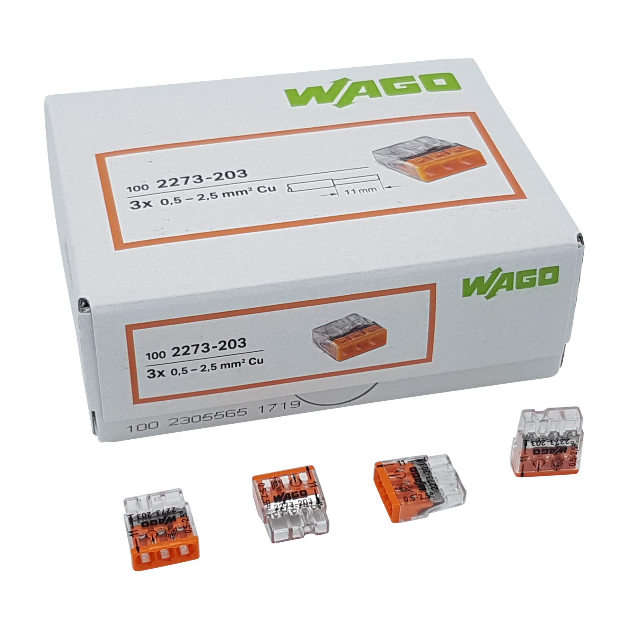 Wago 2273-203 COMPACT Terminal Connector Diameter 0.5-2.5 mm² 3-Pin Transparent Orange Pack of 100
