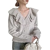 MakeMeChic Women's Button Up Ruffle Cardigan Sweater Long Sleeve Knitted Sweater Outerwear