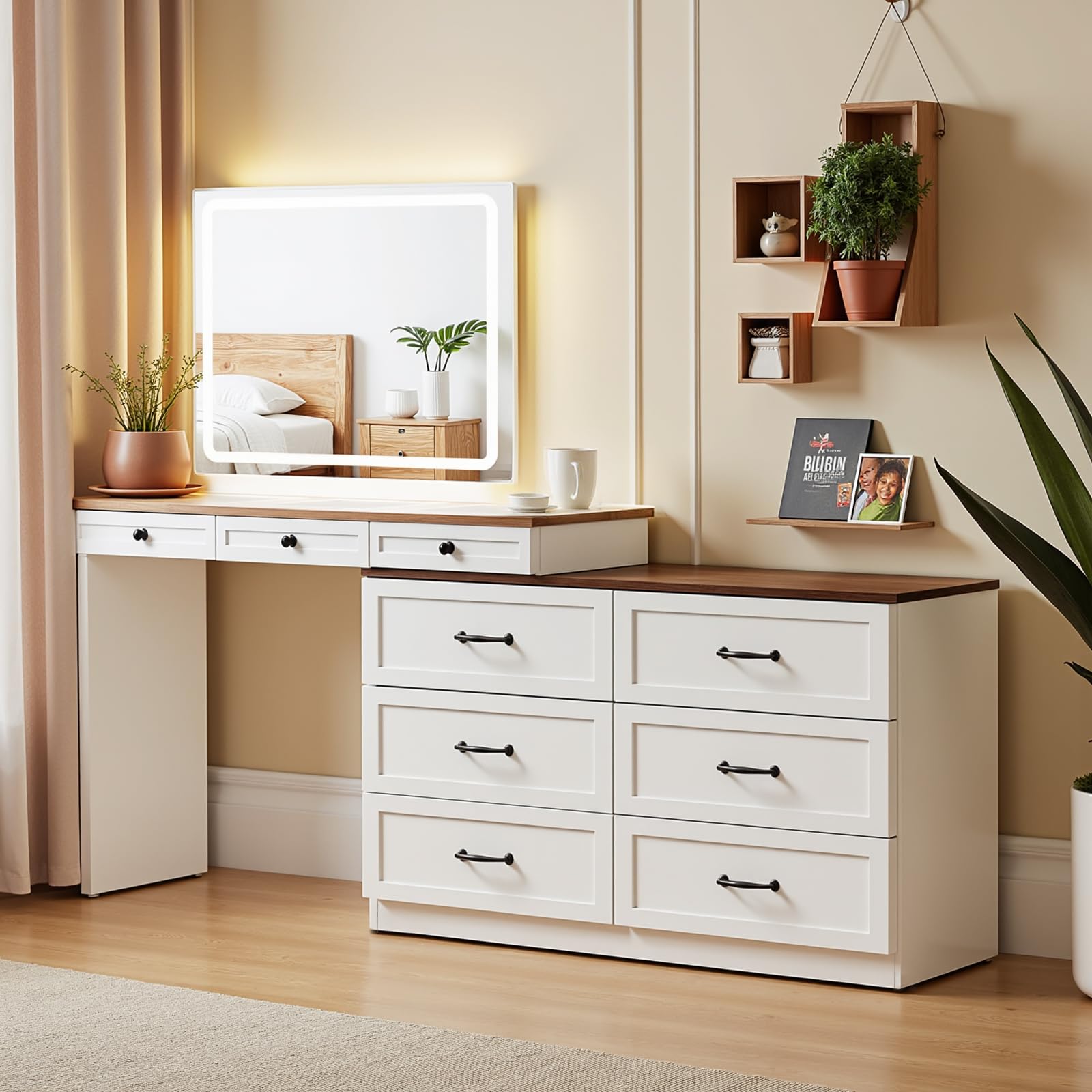 Photo 1 of *FOR PARTS* Mixcous Vanity Desk with Mirror and Lights, Vanity Dresser Combo, Farmhouse Makeup Vanity with 9 Drawers, Glass Top Corner Vanity Dressing Table, Extendable Big Dressing Table Set for Bedroom, White