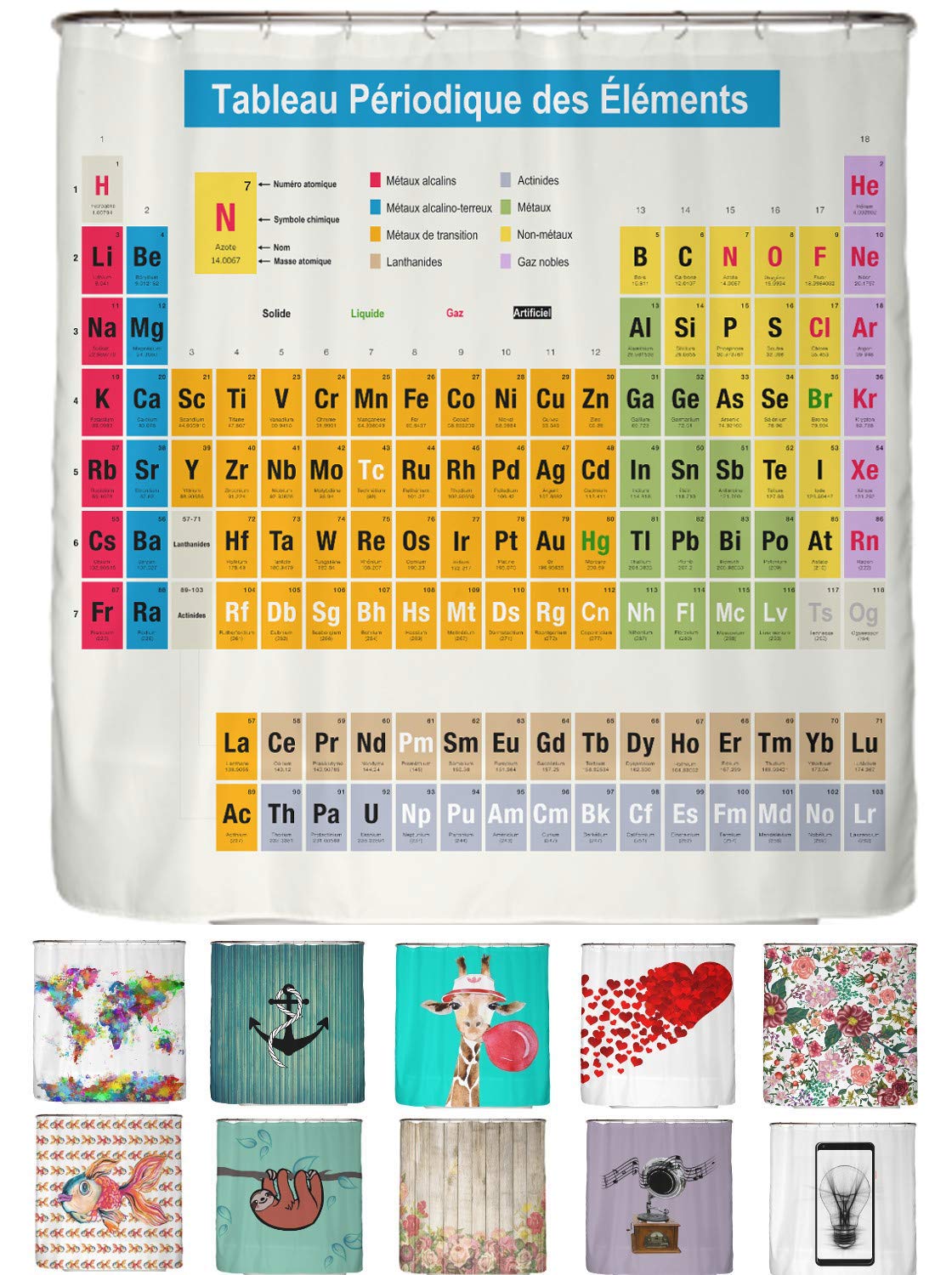 arteneur® - Periodic Table French - Shower Curtain 180 x 200cm - Mould Resistant Fabric, Weighted Hem, Opaque, Waterproof, Washable incl. 12 hooks — image 1