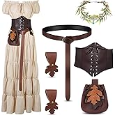 IDEWEI 7 Pcs Renaissance Costume Women-3 Minute Quick Ren Faire Costume-Renaissance Dress-Corset-Medieval Belt- Fairy Crown