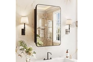 Yunnshee Yursa Medicine Cabinet Mirror 17x25 Inch, Black Bathroom Mirror Cabinet with Stepless Adjustable Shelves, Rounded Re