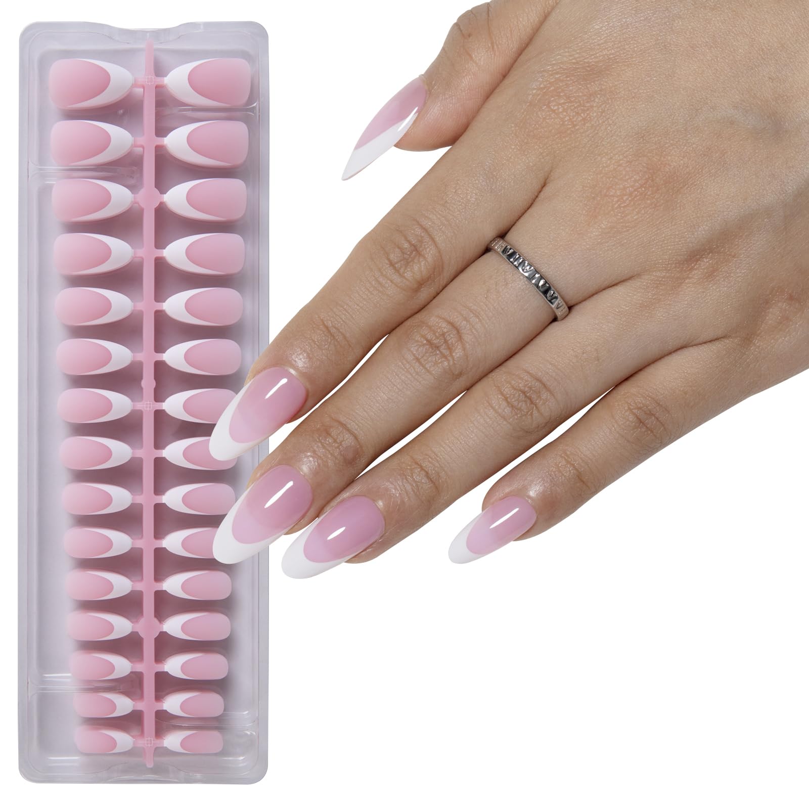 Photo 1 of AUBSS French Tip Press on Nails Long Almond, White Pre-French with Semi-Transparent Pink Soft Gel Fake Nails, Acrylic False Nails Set for Nail Art DIY Gift, 15 Sizes 150Pcs