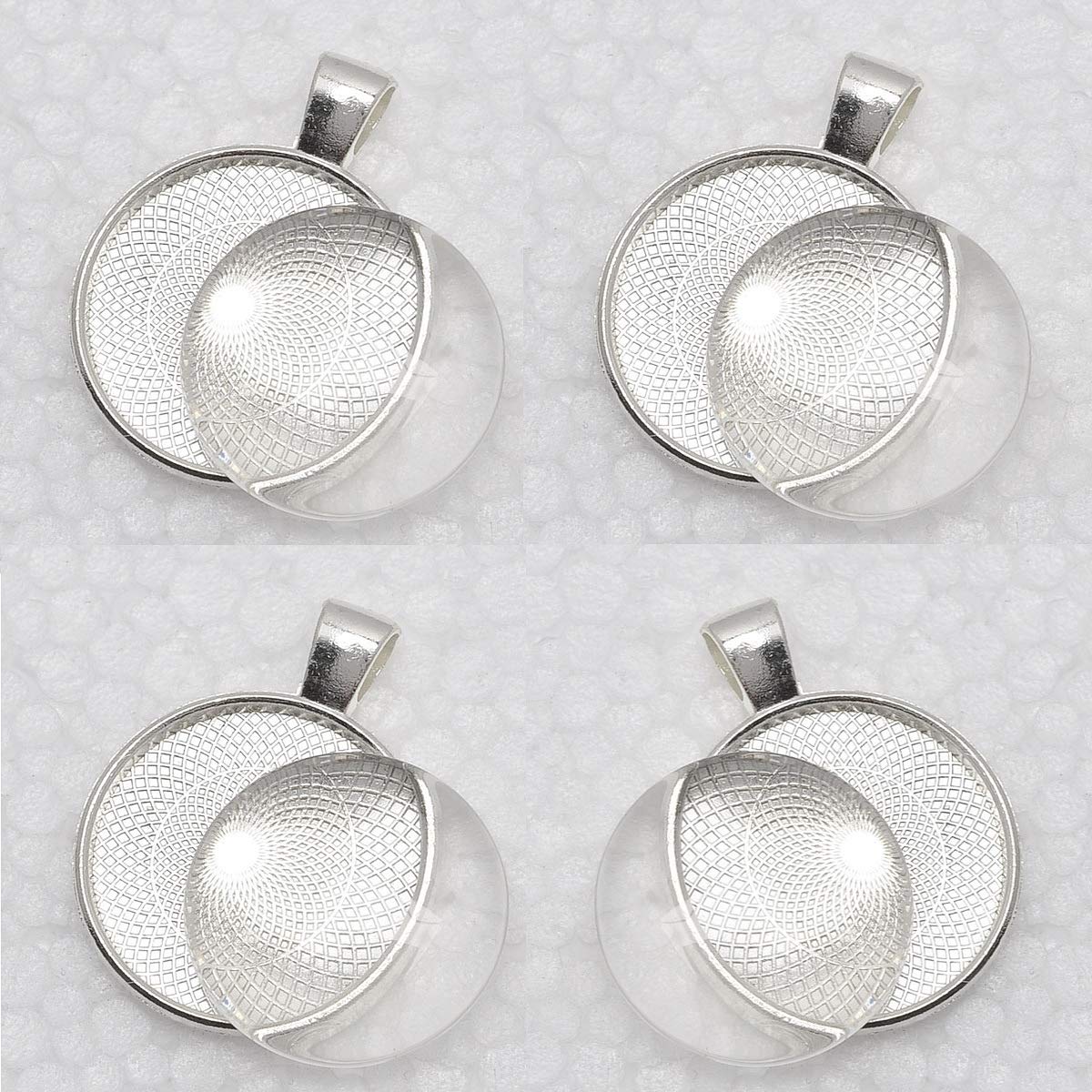 Perlin - Set of 4 medallions metal pendant frames and 30 mm round clear glass cabochon, frame super look craft set.