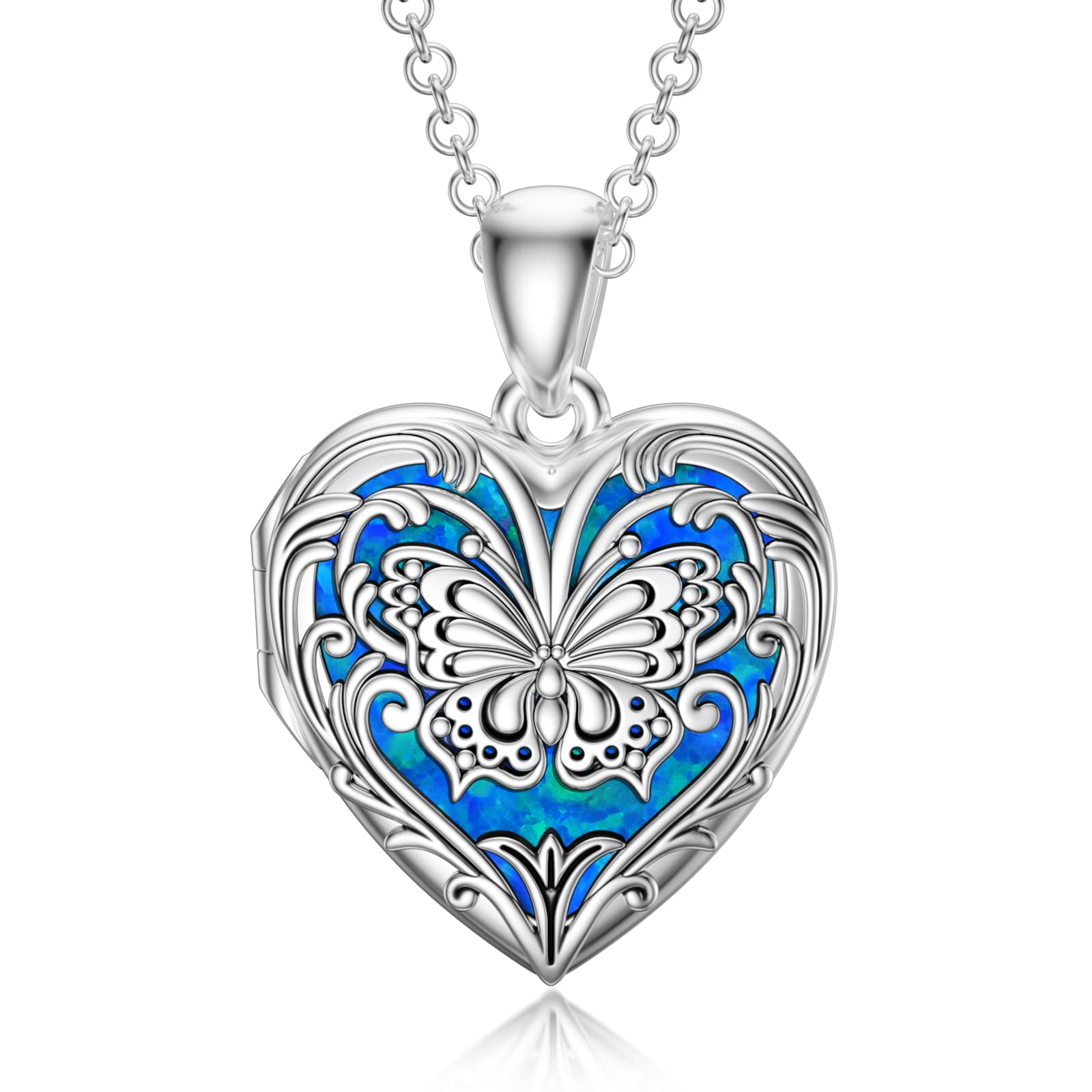 SOULMEET Heart Shaped Blue Opal Butterfly Locket Necklace That Holds Picture Photo Memorial Locket Sterling Silver(Locket only)