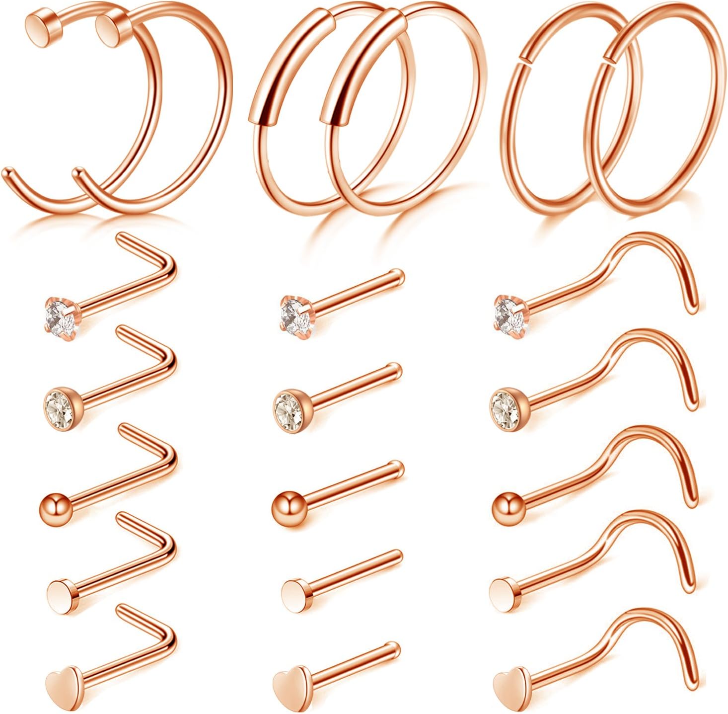 D.Bella 20G Nose Ring Hoop-14pcs-21pcs Nose Rings Studs Piercings Hoop Jewelry Stainless Steel Nose Rings