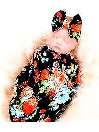 Galabloomer Newborn Receiving Blanket Headband Set Flower Print Baby Swaddle Receiving Blankets