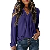 Dokotoo Womens Tops Casual Pleated V Neck Puff Long Sleeve T Shirts Loose Tunic Business Blouse