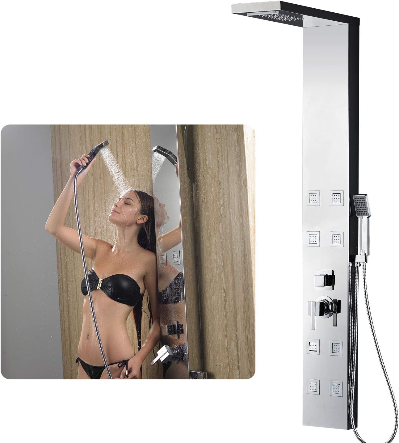 Vantory Shower Panel Tower System Head SUS 304 Stainless Steel,8K Mirror Rainfall Waterfall Massage with 8 Body Jets, Chrome plated finish, 55" VS158