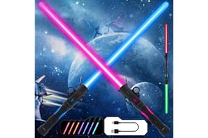Gianby Light up Saber for Kids, 2-in-1 LED Dual Light Swords Set with 25 Color Changing Electronic Lights &3 Modes FX Sound, Rechargeable Light Sword Toy for Roleplay (2 Pack)