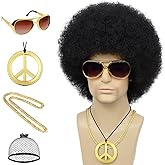 Wallden Hair 70s Mens Afro Wig + Glasses+ Golden Chain+ Peace Sign Necklace+ Wig Cap Black Short Curly Puff Afro Wigs for Retro Disco Outfit Men Party Cosplay Costume Halloween Use（5pcs Set）