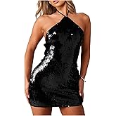 Floerns Women's Sparkly Sequin Halter Dress Sleeveless Club Night Out Bodycon Mini Dresses