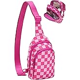 UIBRN Checkered Sling Bag for Women, Water Resistant Nylon Crossbody Chest Bags with Adjustable Shoulder Strap for Travel Hiking,Rose Red