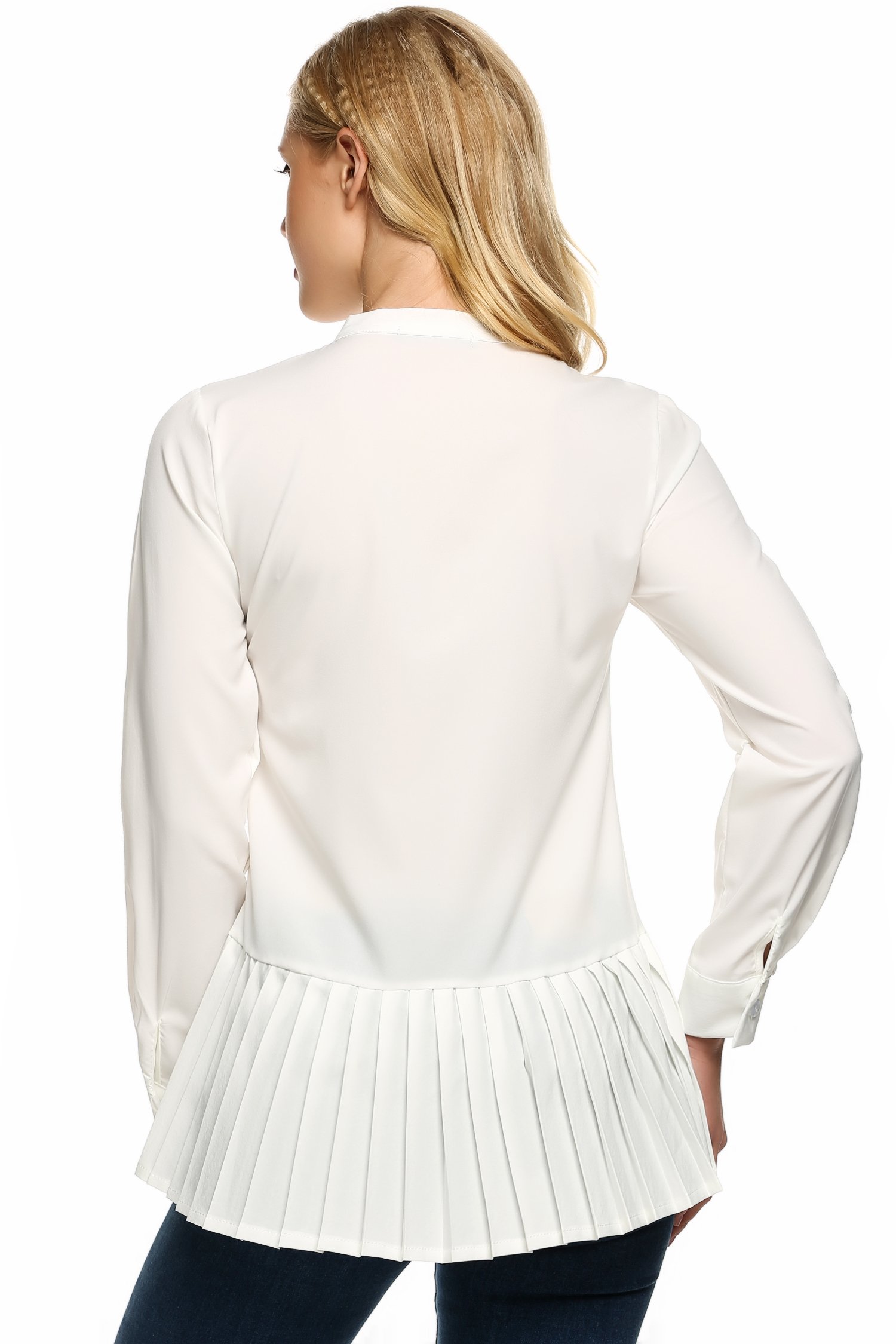 Pelertu Women\'s Ruffle Long Sleeve Asymmetrical Hem Collared Shirt Tops