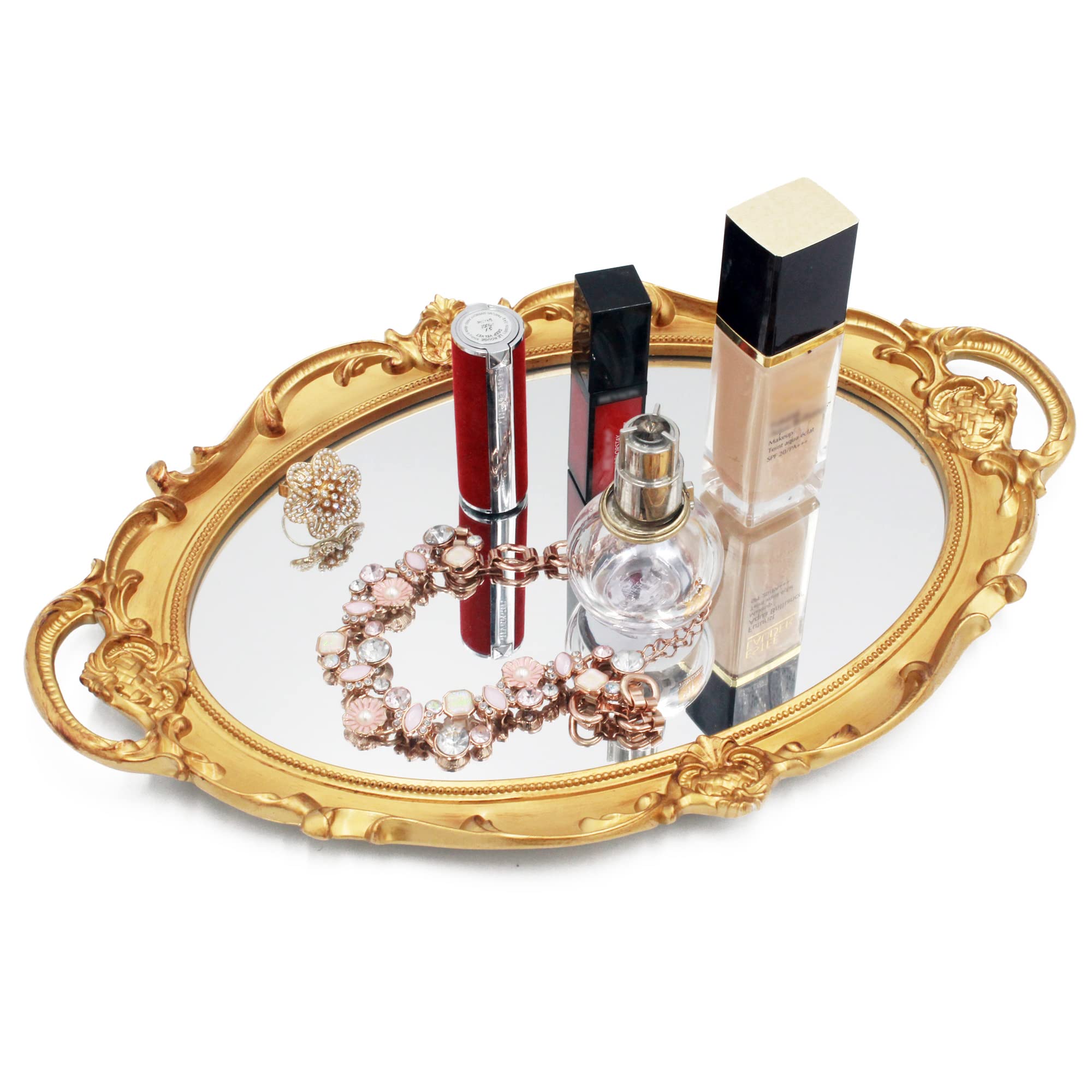 Funerom Vintage Gold Mirror Tray - Decorative Bathroom & Serving Tray - Oval, 36.8 x 25.4 cm