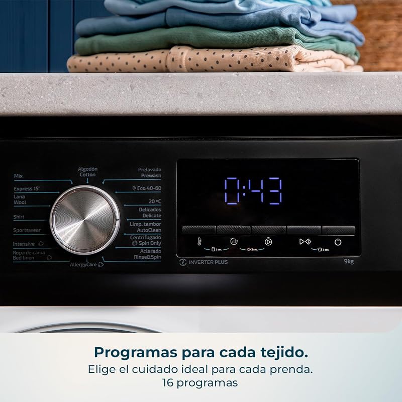 Lavadora 9 Kg Carga Frontal Bolero Dresscode 9500 Inverter A HairCatch Kit 1900W, 1400 rpm, Motor Inverter Plus, Bajo Consumo, 16 Programas, SteamMax, Delay Start, Blanco