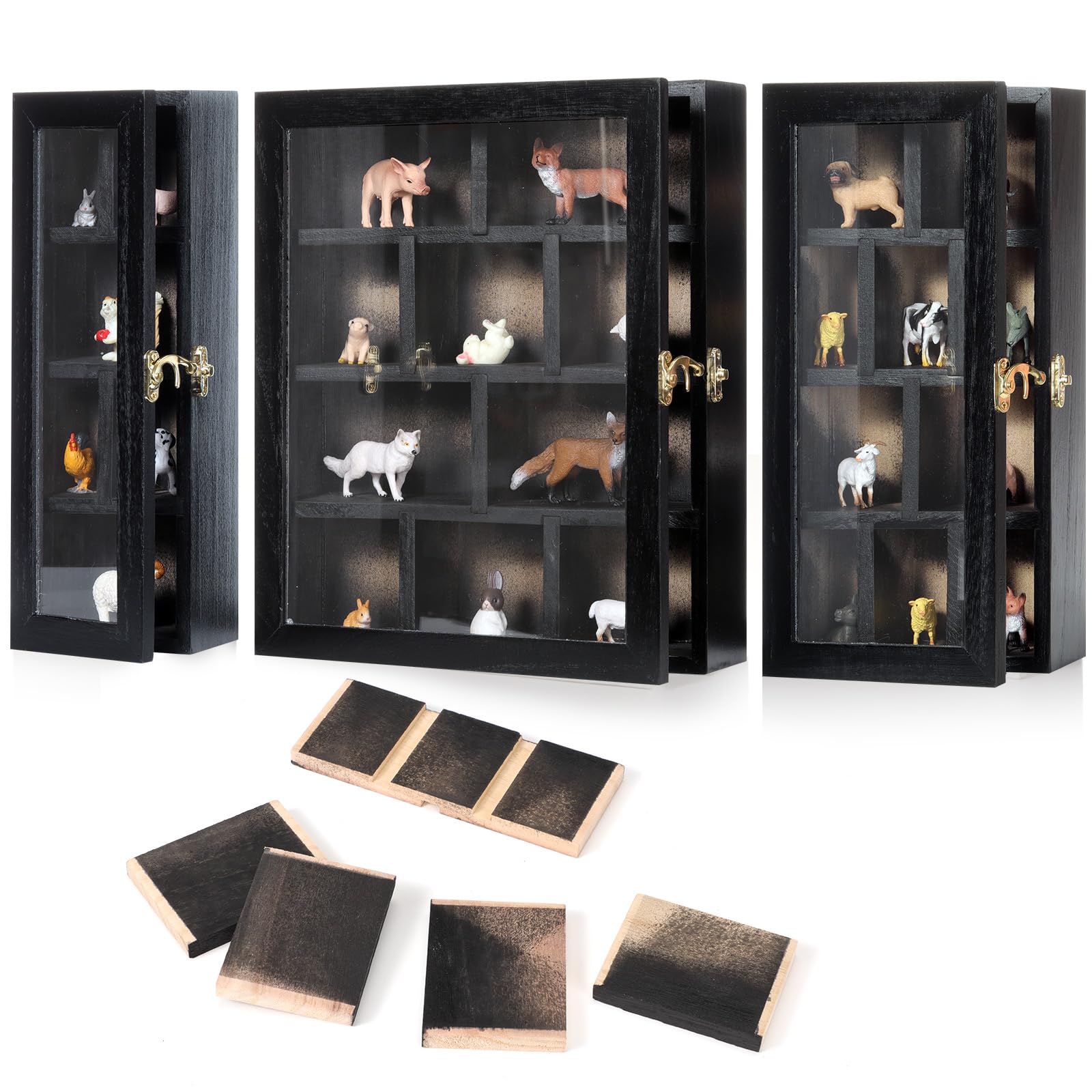 Photo 1 of DoubleFill Set of 3 Wooden Trinket Display Shelf Shadow Box with Shelves 10 x 15 Inch Large Wall Mounted Display Storage Mini Figures Curio Trinket Medals Crafts Collections(Black,Box Shape)