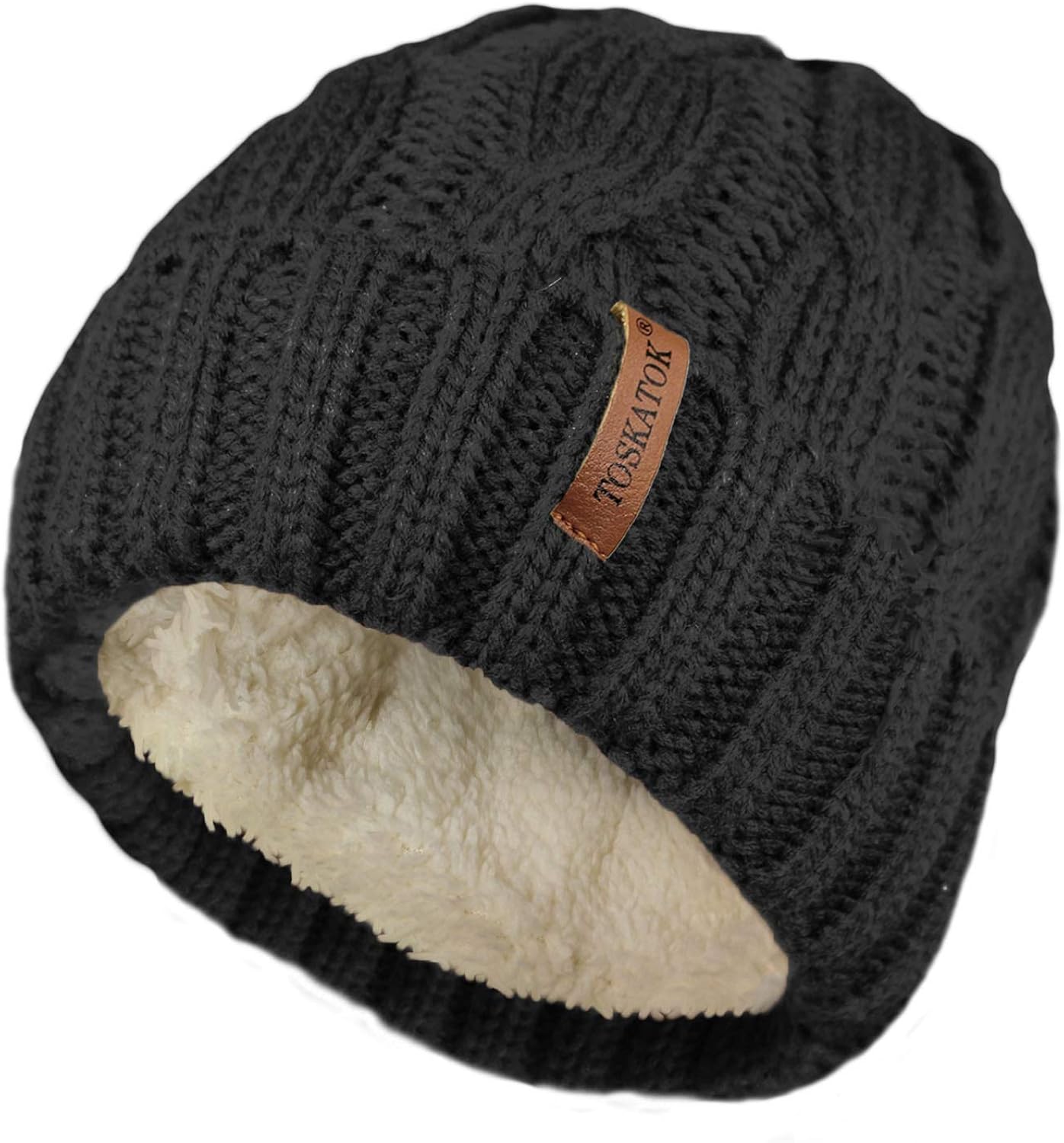 TOSKATOK Ladies Chunky Soft Cable Knit Hat with Cosy Fleece Liner and Detachable Faux Fur Pompom-Black - Image 3
