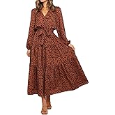 R.Vivimos Women's Fall Long Sleeve Casual Dresses Wrap V Neck Tiered Ruffle Flowy Midi Dress with Belt