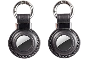 2 Pack KEEPXYZ Genuine Leather Airtag Holder Suitable for Apple Airtag Keychain Leather, Secure Air Tag Holder with Stainless Steel Ring Lock, Durable Airtag Case Cover Key Ring - Black V2.0 (Hole)