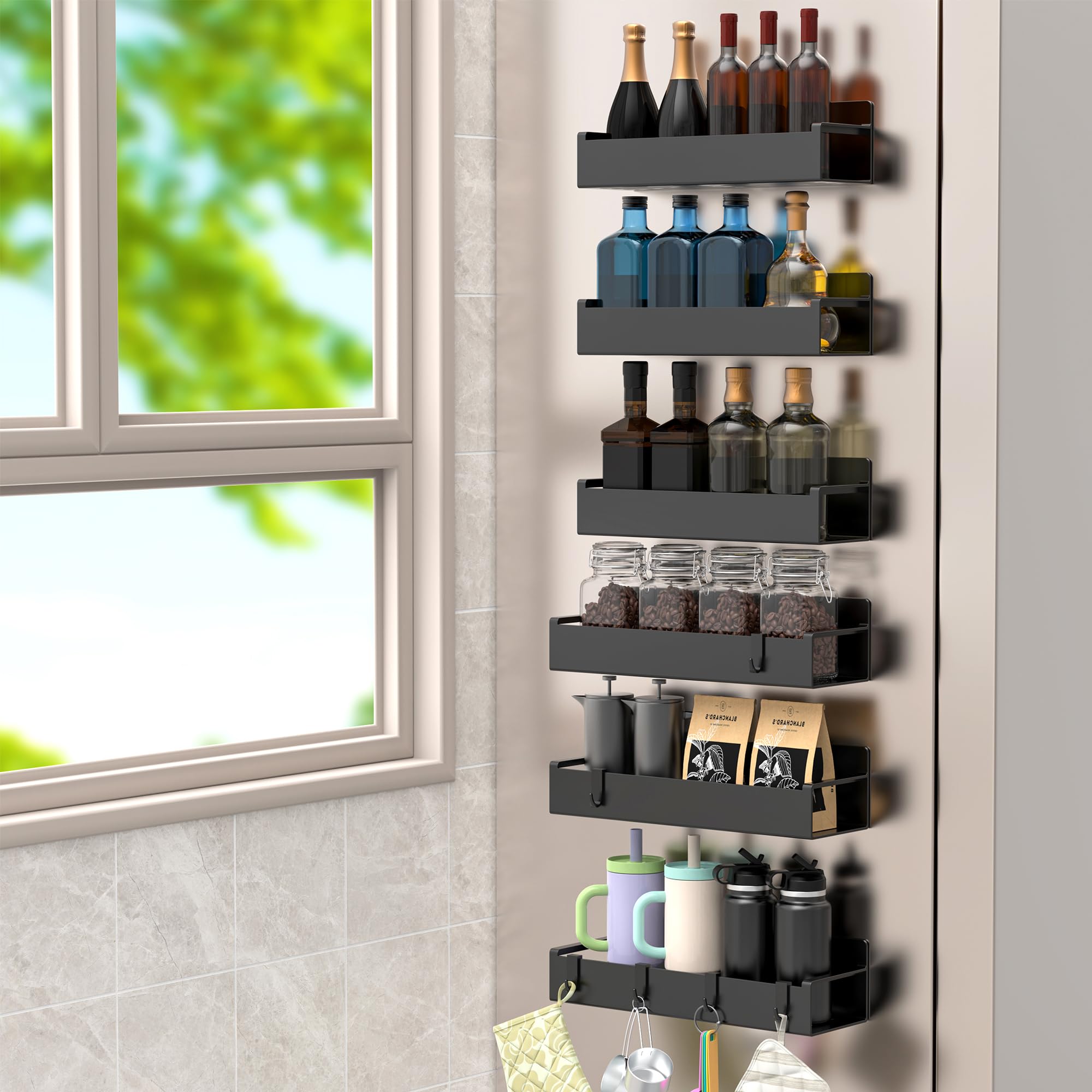 Photo 1 of HuggieGems 6 Pack Magnetic Spice Rack Organizer for Refrigerator and Oven, Matt Black Fridge Organizers and Storage for Kitchen