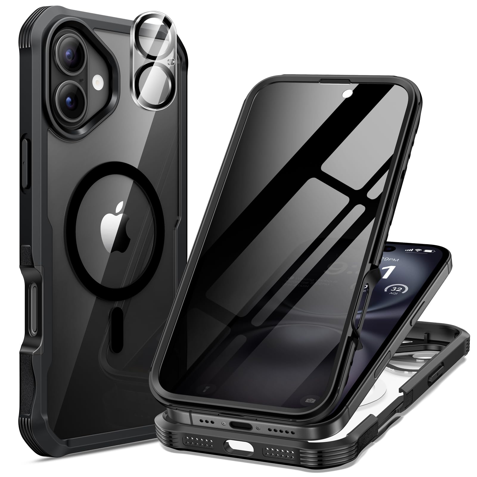 Photo 1 of seacosmo for iPhone 16 Plus Case, Full Body Bumper with Built-in 9H Tempered Glass Privacy Screen Protector and Camera Lens Protector, Compatible with MagSafe, Shockproof Phone Cover, 6.7", Black