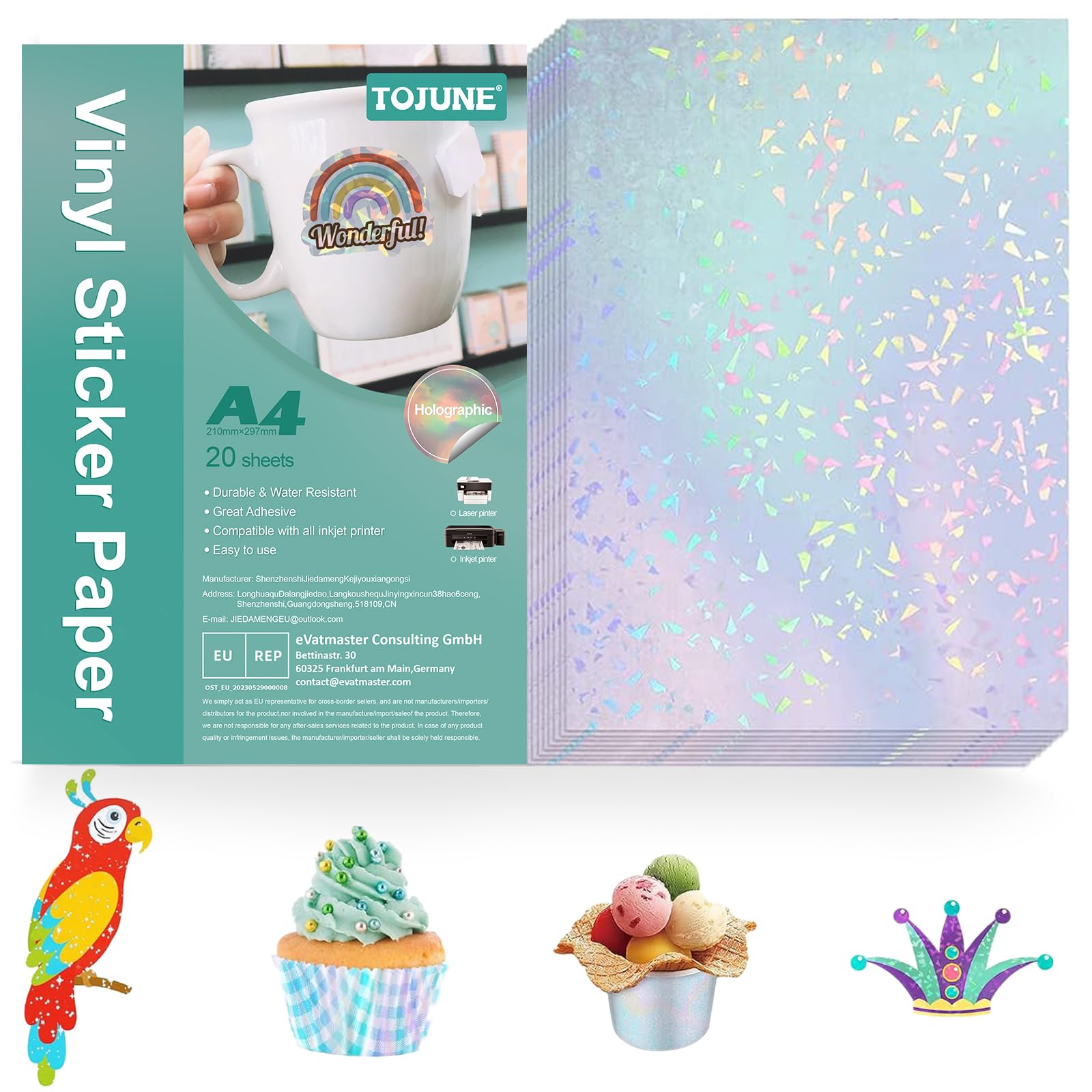 TOJUNE Bedruckbares Vinyl-Aufkleberpapier für Tintenstrahl- und Laserdrucker, A4, 21 x 29.7 cm, Wasserfest, Beliebiger Schnitt, Selbstklebende Rückseite (20 Stück) (Farbige Diamantstruktur)