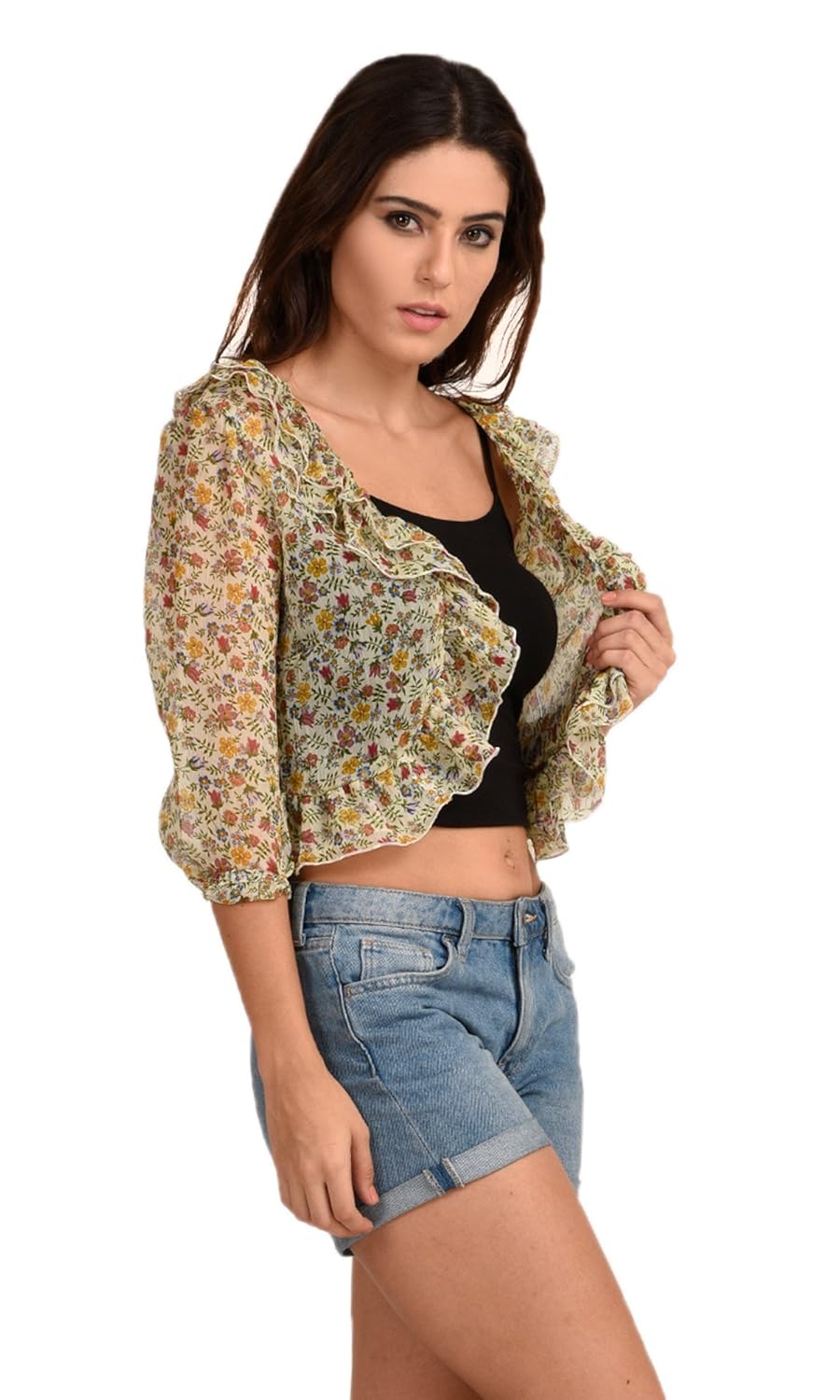 the gud look women's multi floral frilled shrug