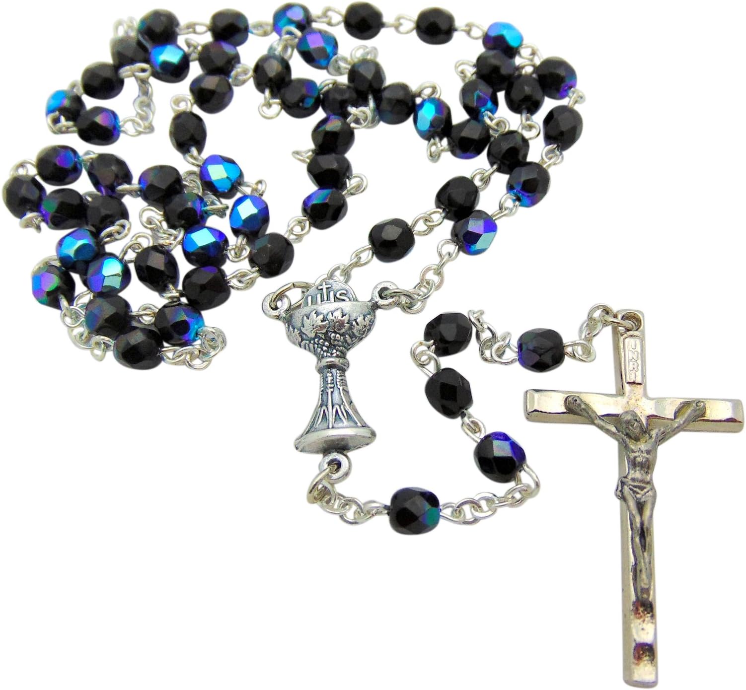 Westman Works First Holy Communion Rosary with Iridescent Glass Beads and Metal Crucifix