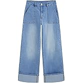 CIDER Cuffed Jeans for Women Wide Leg Jeans with Pockets Baggy Mid Waist Denim Pants Trendy Casual Outfits