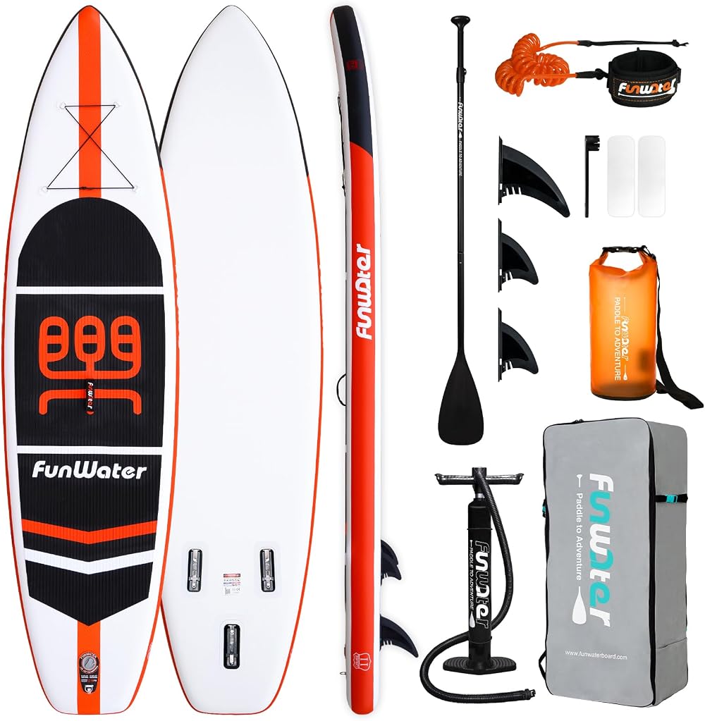 FunWater 11ft Inflatable SUP Paddle Board with Pump Fin Leash Bag
