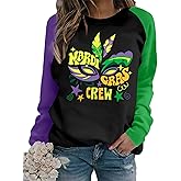 Mardi Gras Shirts for Women Funny Carnival Outfits Fat Tuesday Shirts New Orleans Festival Long Sleeve Tops