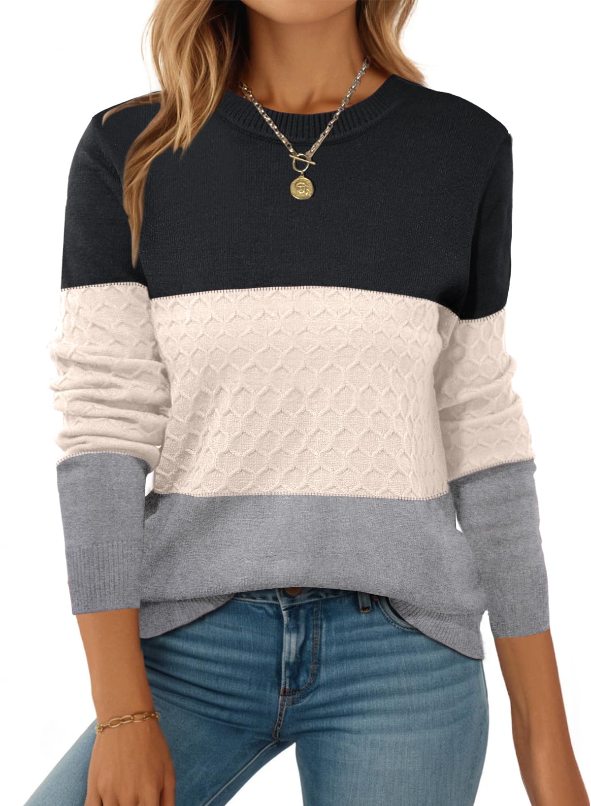 Zeagoo Womens Sweaters Long Sleeve Tops Crew Neck Knit Pullover Sweaters Fall Fashion 2026 Dressy Casual Clothes Color Block XXL Image