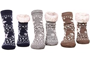 FRALOSHA Reindeer Home floor Socks Home Slipper Women's Winter Warm Fuzzy Anti-Skid Lined Indoor Floor Slipper Socks 3 Pairs