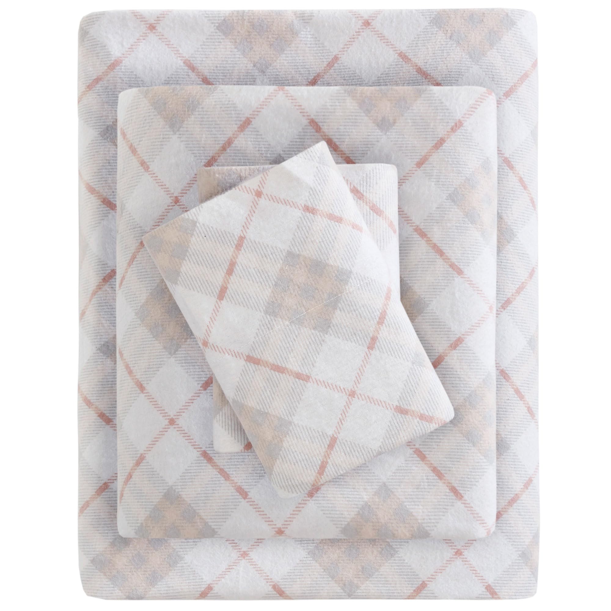 SLEEP PHILOSOPHY True North Cozy Flannel 100% Cotton Ultra Soft Cold Weather Sheet Set Bedding, Twin, Pink Plaid 3 Piece