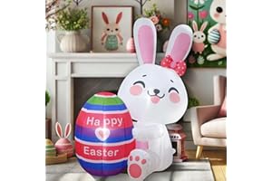 FARONZE Easter Inflatables White Bunny Rabbit Hold Colorful Egg Lighted Easter Blow Up Decoration Yard Garden Lawn Outdoor Decoration Front Door Holiday Decor