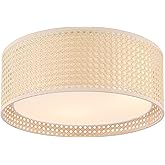 WINGBO 15.7" Modern 3-Light Flush Mount Ceiling Light Fixture with Rattan & Fabric Double Drum Shade for Bedroom Living Room 