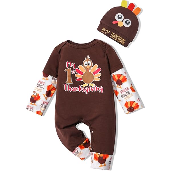 My First Thanksgiving Baby Boy Outfit 3-Piece Set - Turkey Romper, Suspenders & Hat