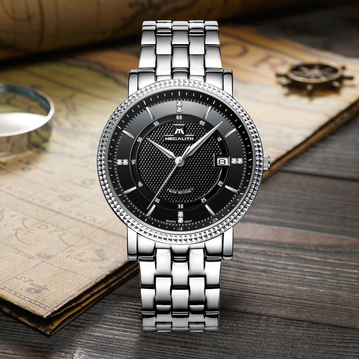 Mens Black Wrist Watches Men Waterproof Silver Stainless Steel Watches Date Luxury Thin Watch for Men