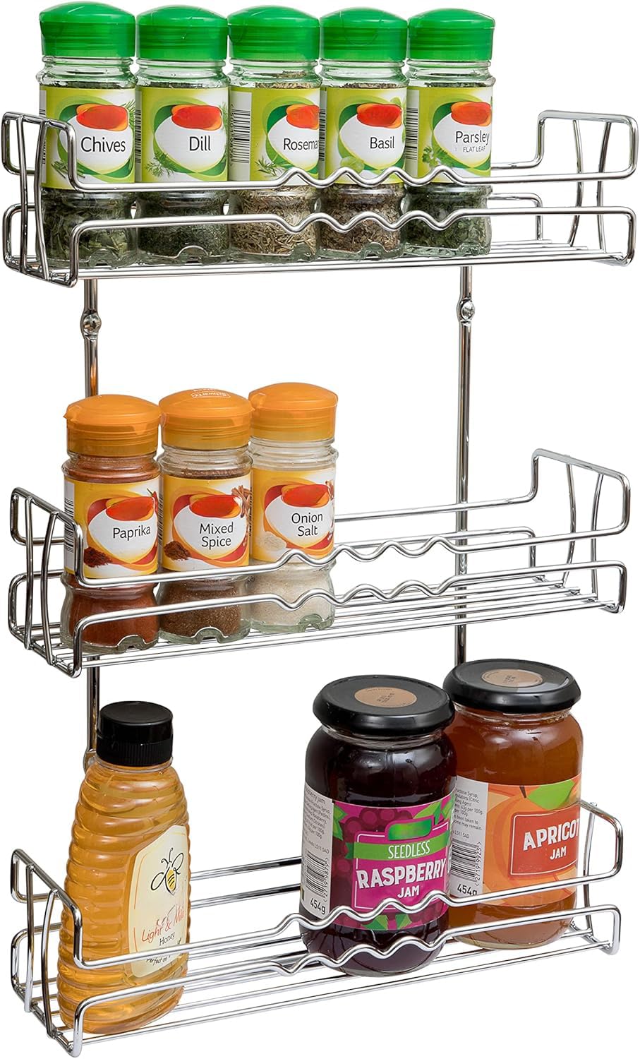Amtido Spice Rack for Inside Cupboard Door Mount or Wall Mounted - Kitchen Storage Organiser, Space Saving Solution Unit for Herbs, Jars and Small Sauce Bottles - Hardware Included – 3 Tier Chrome