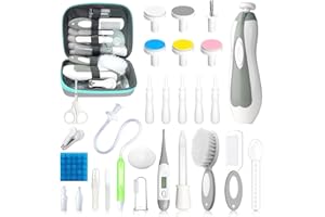 QUNLIONS LIFE Baby Healthcare and Grooming Kit, 28 in 1 Portable Baby Essentials Kit Electric Nail Trimmer Set with Gas Relief Hair Brush Comb Nasal Aspirator for Newborn Boys Girls (Grey White)