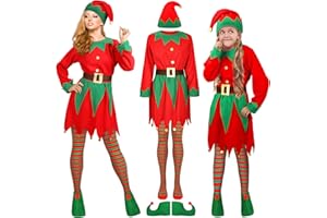 Newcotte Christmas Elf Costume Set Kids Women Costume Suit Hat Dress Stocking Shoe Belt Xmas