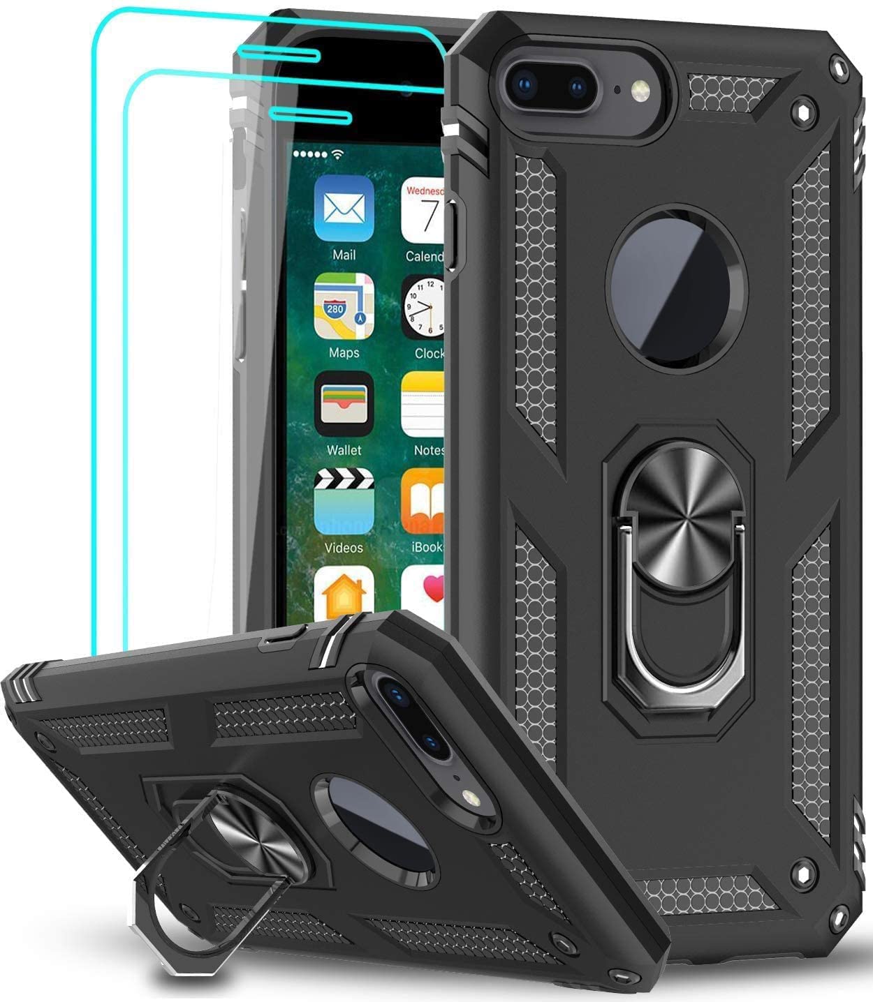 LeYi for iPhone 8 Plus/7 Plus Case, iPhone 6s Plus/6 Plus Case and 2 Tempered Glass Screen Protector, Ring Holder Shockproof Protective Silicone Hard Armor Phone Cover iPhone 6 6s 7 8 Plus Black — image 1