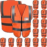 JaGely 15 Pack Reflective Safety Vests with Pockets and Zipper Construction Work High Visibility Vest for Men Women(Large,Orange Red)