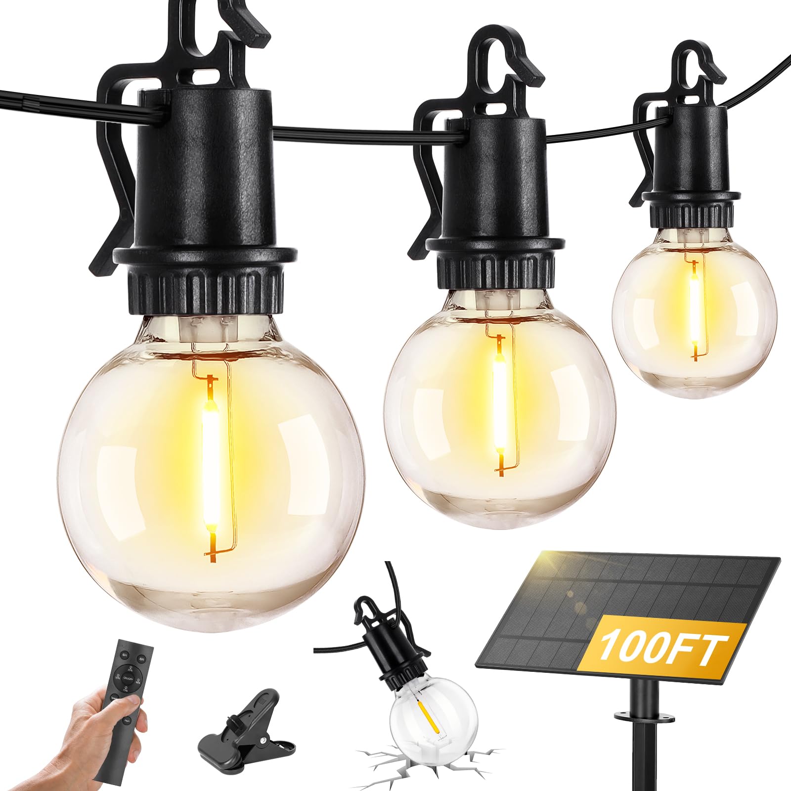 Photo 1 of 100FT Solar Lights Outdoor String Lights Waterproof G40 Patio lights Solar Powered with Remote USB Port 30+2 LED Shatterproof Bulbs 3 Light Modes, Dimmable Solar Lights for Camping for Porch Backyard